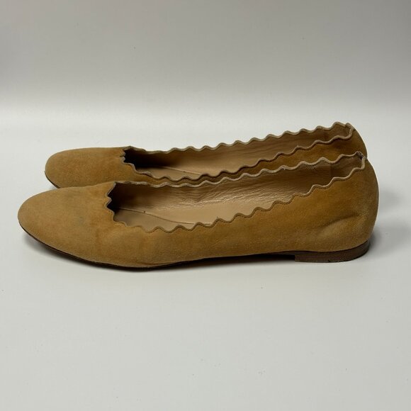 Chloé Women's Lauren Scalloped Suede Leather Camel Tan Ballet Flats Size 37 - Picture 4 of 9